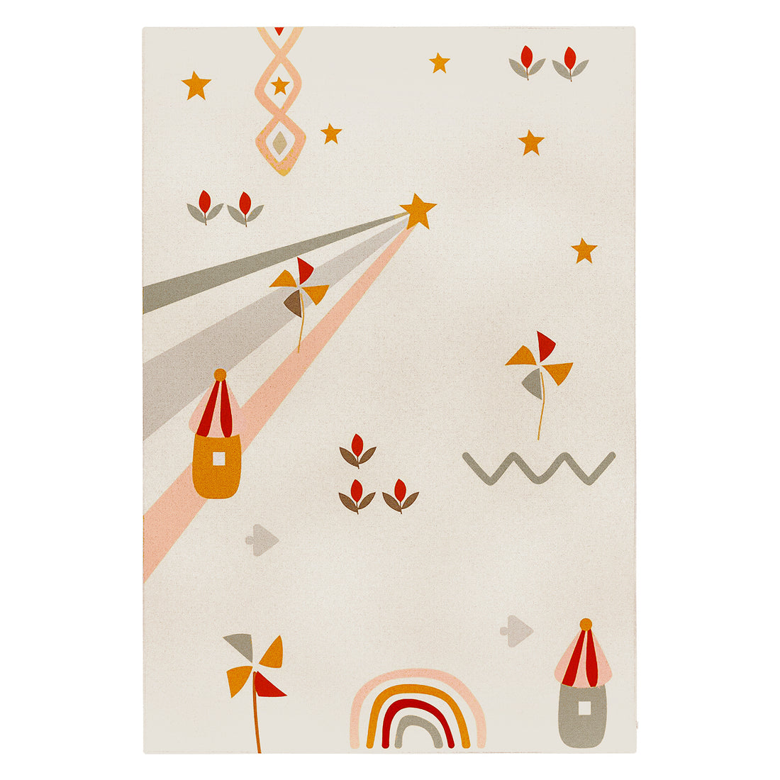Elysia 120x180cm Small Kids Colourful Printed Indoor Rug with hand-drawn stars, flowers, leaves, house silhouettes, rainbow arch, and zigzag lines on a cream-beige background, creating a playful nursery vibe.