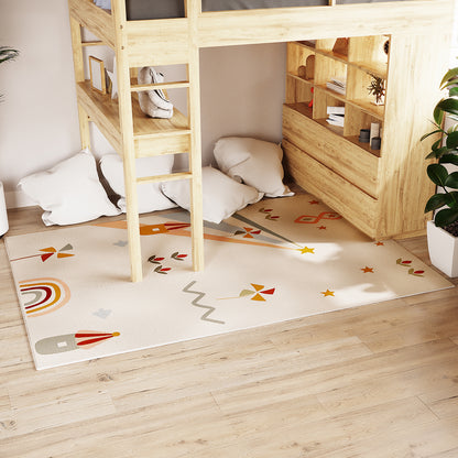 Children's room with a natural wooden loft bed and Elysia 120x180cm Small Kids Colourful Printed Indoor Rug featuring playful motifs, enhancing the cozy setup with oversized floor cushions and a potted plant.