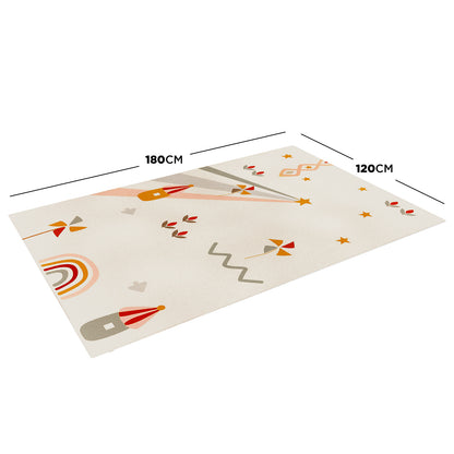 Elysia 120x180cm Small Kids Colourful Printed Indoor Rug with whimsical motifs like rainbows, stars, and castles on a cream background, designed for playful and cozy children's spaces.