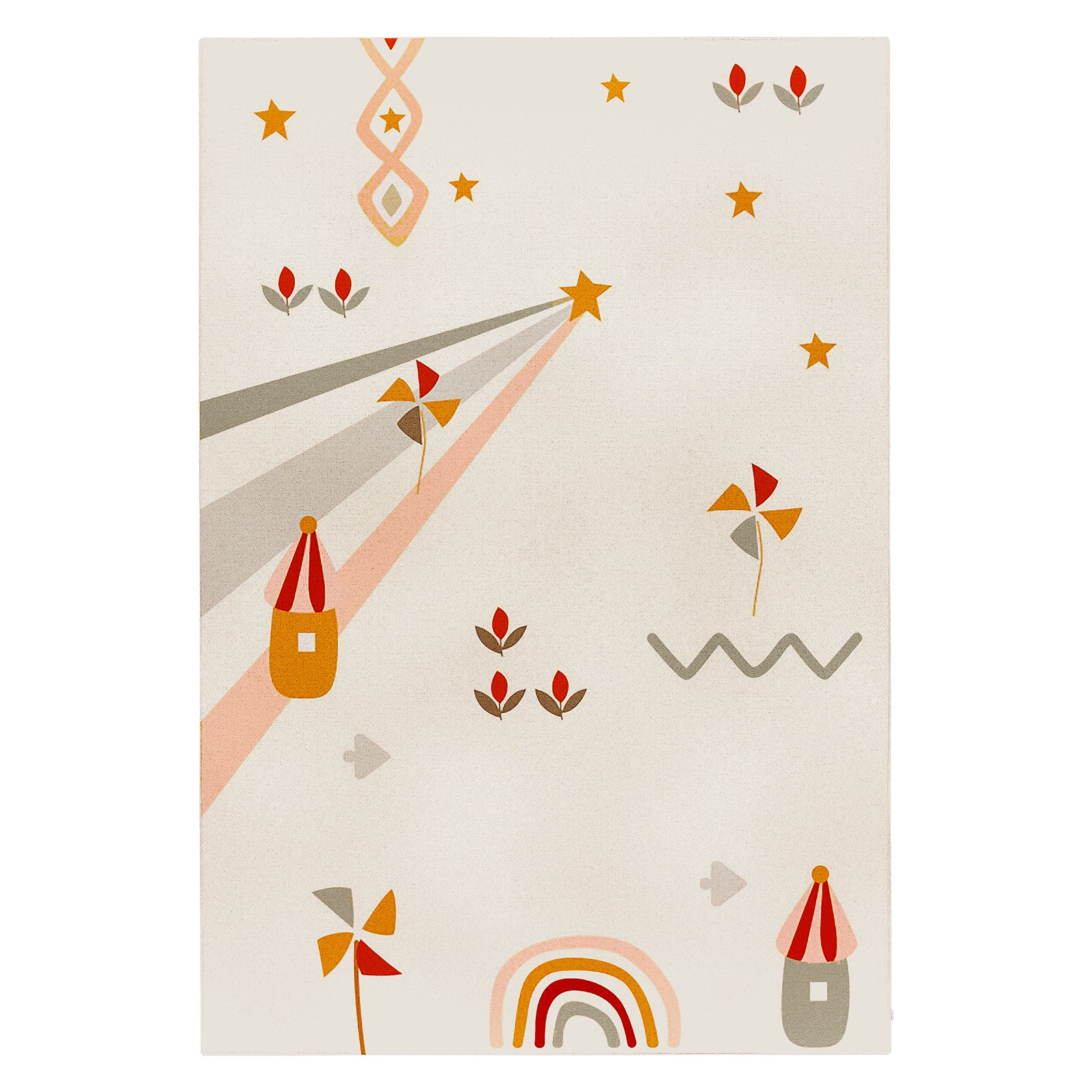 Elysia Funky Printed Kids Rug 160x230cm features a whimsical pattern with stars, flowers, leaves, houses, and rainbows on a neutral-cream backdrop, perfect for a playful nursery setting.