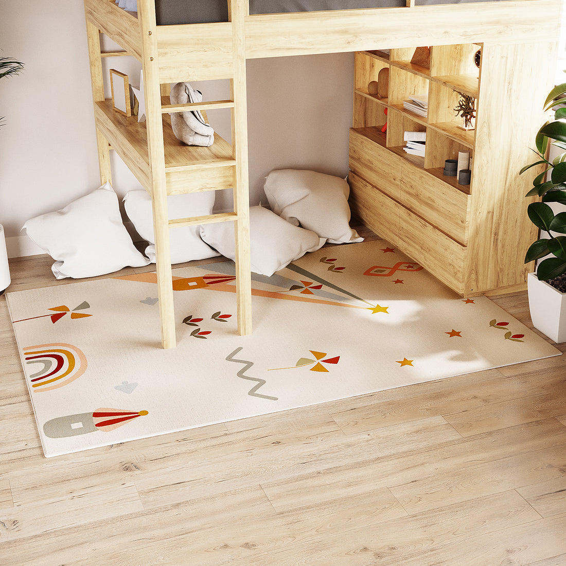 Elysia 120x180cm Large Kids Colourful Printed Indoor Rug under a loft bed, featuring whimsical shapes, soft floor cushions, and a built-in shelving unit with books, creating a playful, cozy space.