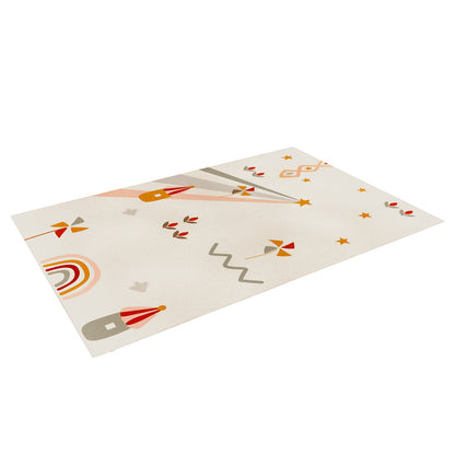 Elysia 120x180cm Large Kids Colourful Printed Indoor Rug features whimsical graphics on a cream background, including pinwheels, stars, and rainbows, creating a playful and cozy atmosphere for children's spaces.