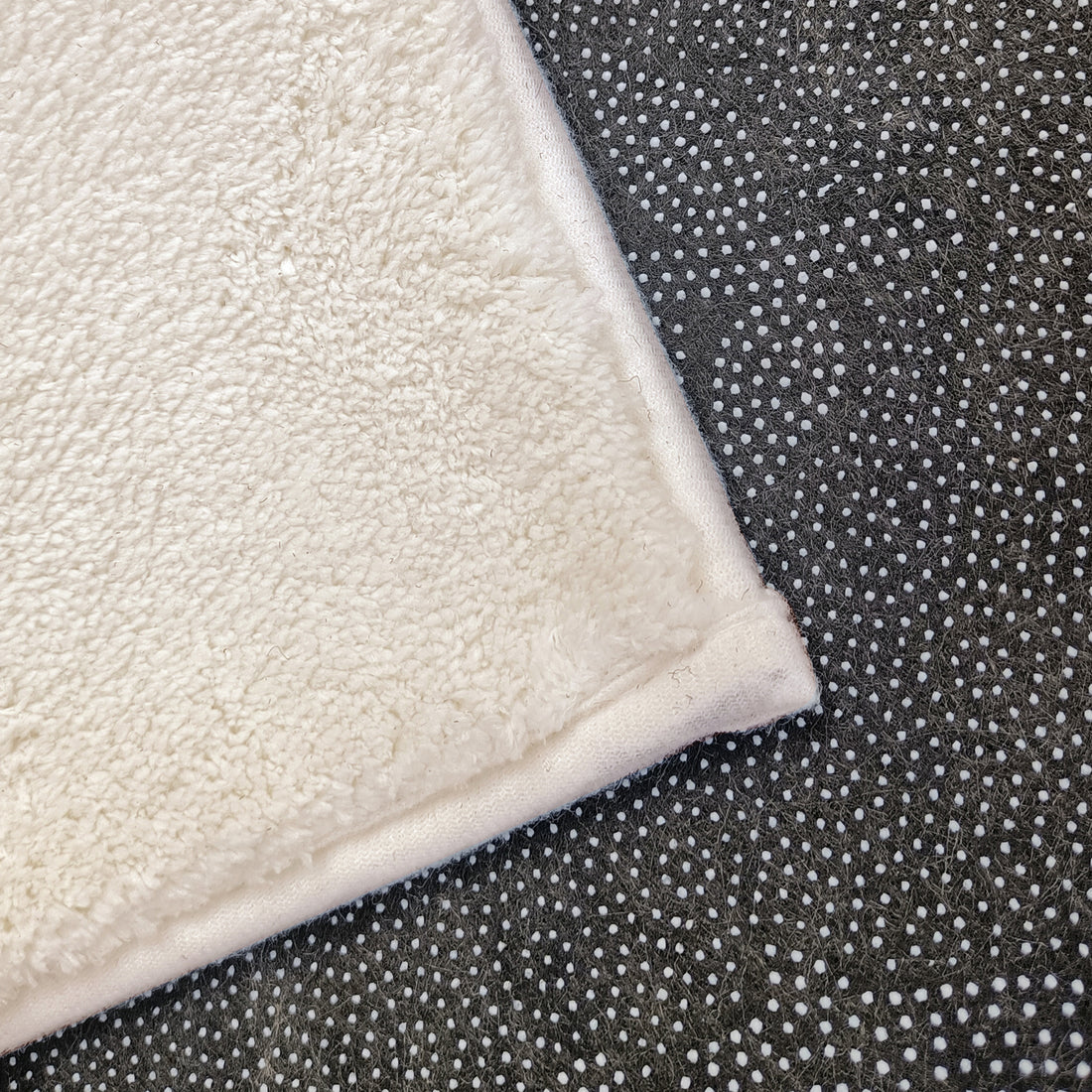 Close-up of Elysia Funky Printed Kids Rug 160x230cm, showcasing the plush white terry surface and dark anti-slip backing with white grip dots, highlighting its soft and secure design.