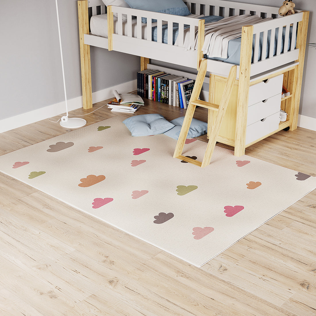 Evane 120x180cm Kids Cloud Modern Indoor Floor Rug in cream with pink, rust, olive green, and taupe cloud shapes, adding a whimsical touch to a cozy children's bedroom corner.