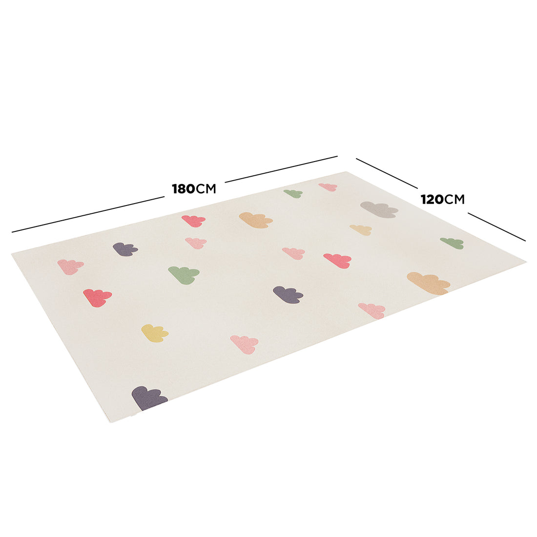 Evane 120x180cm Kids Cloud Modern Indoor Floor Rug on white background, featuring playful pastel cloud shapes on an off-white backdrop with dimension lines indicating size.