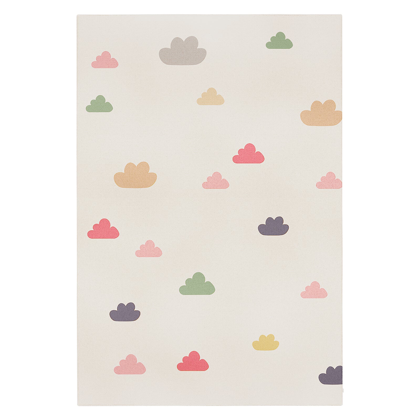 Evane Cloud Colourful Kids Rug 160x230cm features a cream surface with pastel cloud patterns, creating a playful and cozy atmosphere, perfect for children's rooms or play areas.