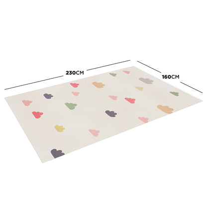 Evane Cloud Colourful Kids Rug 160x230cm, off-white with pastel cloud patterns, displayed flat with dimension lines, showcasing a soft, playful design for children's spaces.