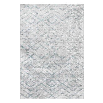Foldvik Art Contemporary Rug 120x170cm featuring a close-up of a tribal-inspired pattern in soft textures, showcasing intricate motifs. The anti-slip backing ensures stability on various floor surfaces.