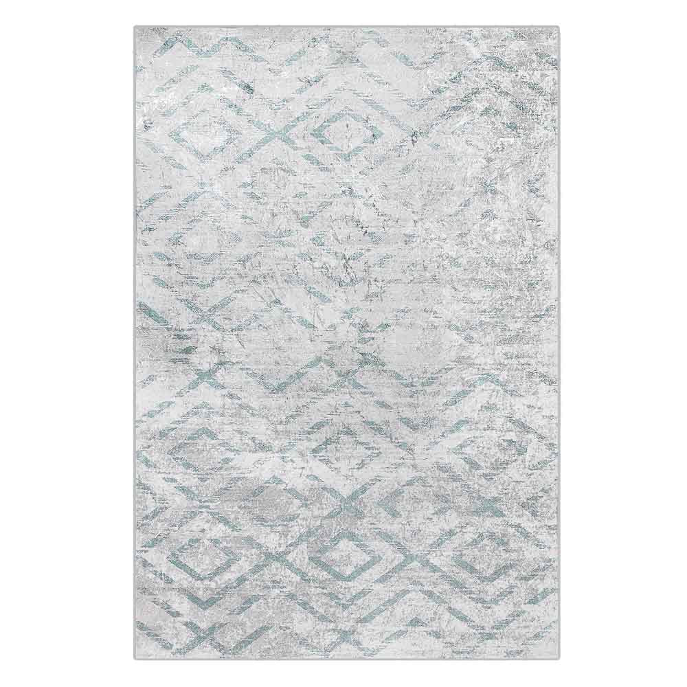 Foldvik Art Contemporary Rug 160x230cm features a close-up of its intricate pattern, showcasing the soft, tribal-inspired design with interwoven motifs, highlighting its modern aesthetic suitable for various decors.