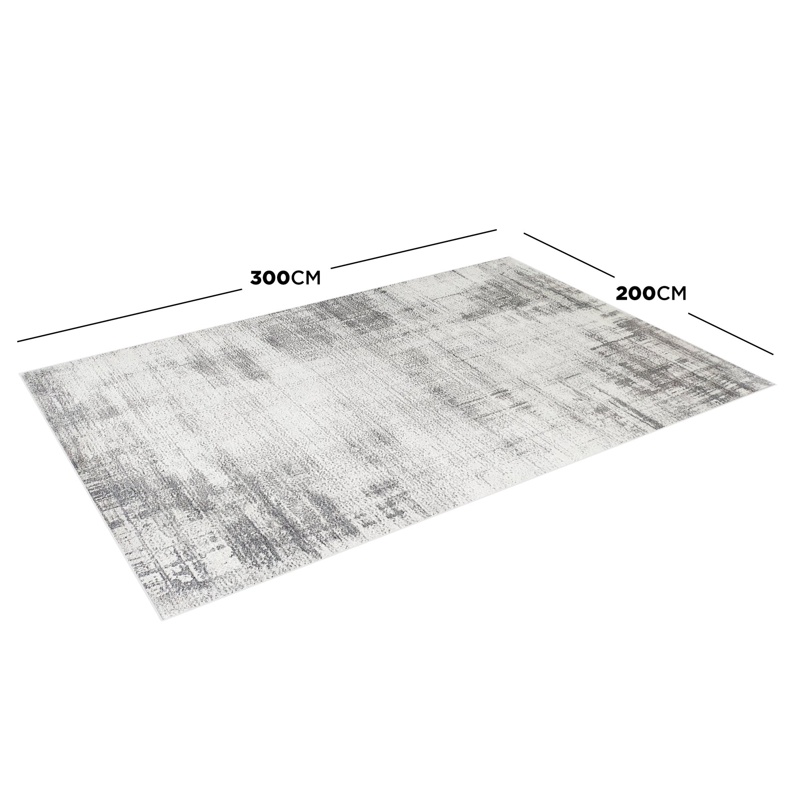 Franco 200x300cm Large Tufted Contemporary Indoor Rug with a mottled grey-on-white abstract pattern, showcasing dimension lines for size reference, designed for modern interiors with plush comfort.