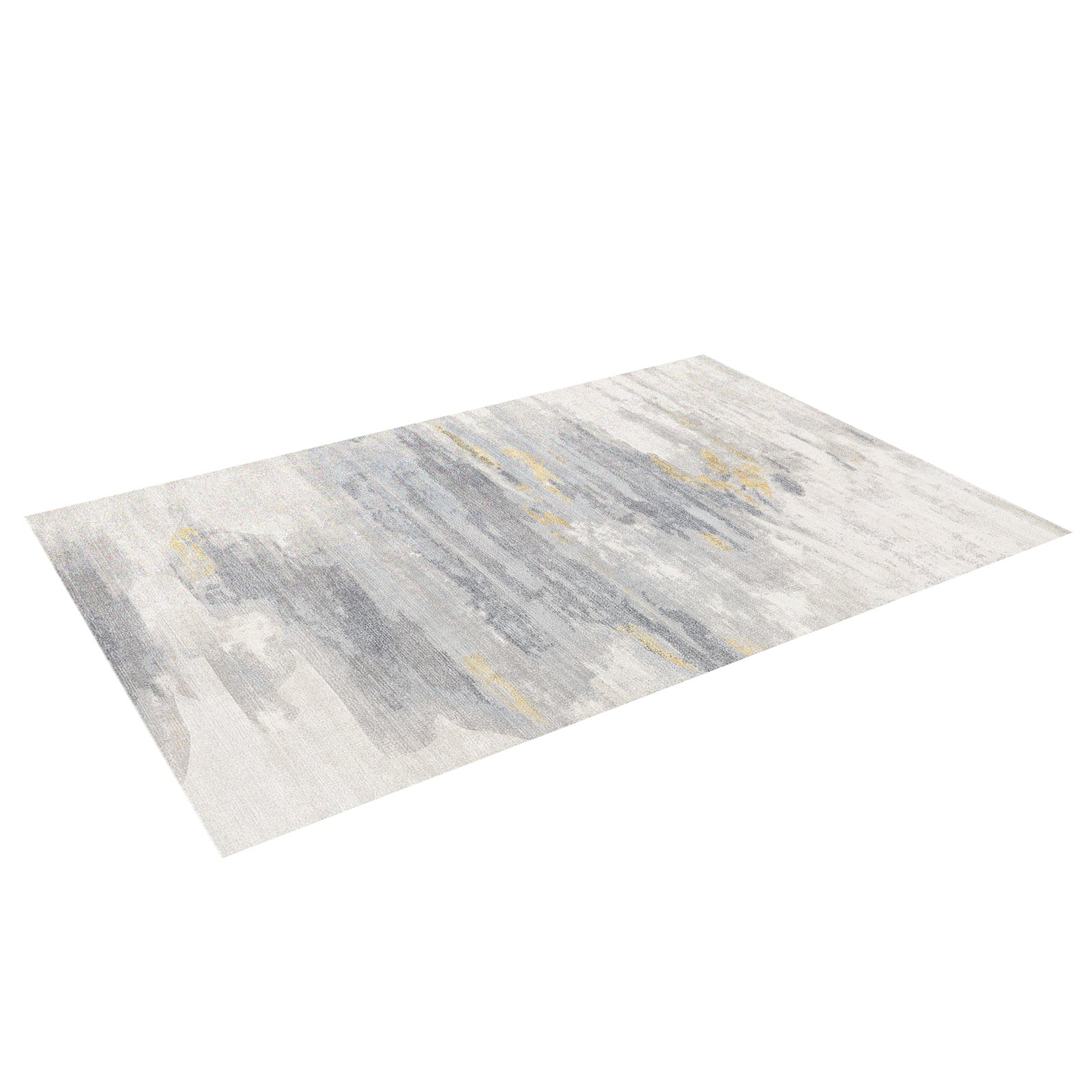 Getbo 160x230cm Medium Modern Indoor Floor Rug featuring an abstract pattern in gray and off-white with subtle mustard streaks, laid flat against a white backdrop, showcasing its painterly design.