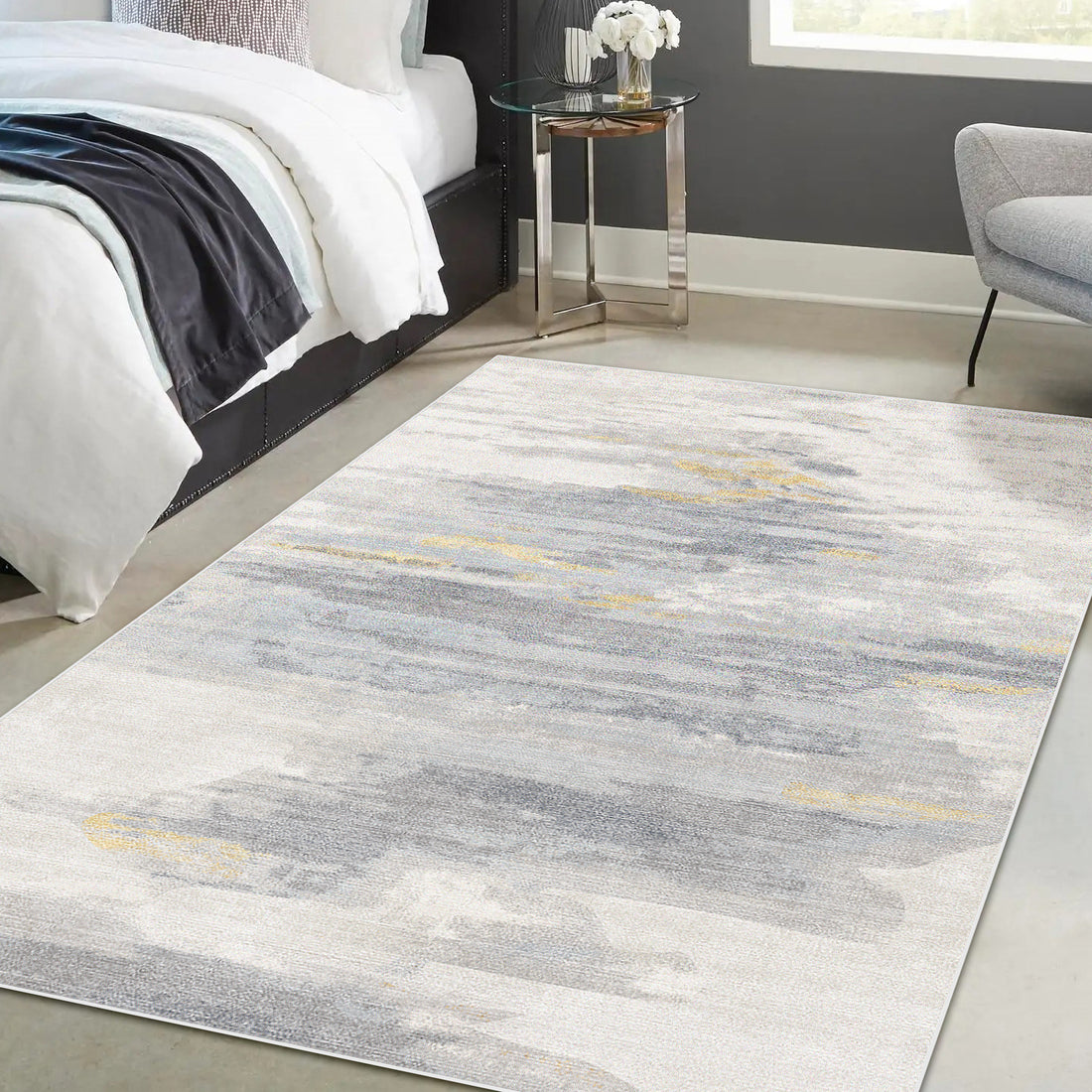 Getbo 200x300cm Large Modern Indoor Floor Rug with a watercolor-style abstract pattern, positioned in a contemporary bedroom corner, enhancing the space's aesthetic with its muted tones and luxurious faux wool texture.