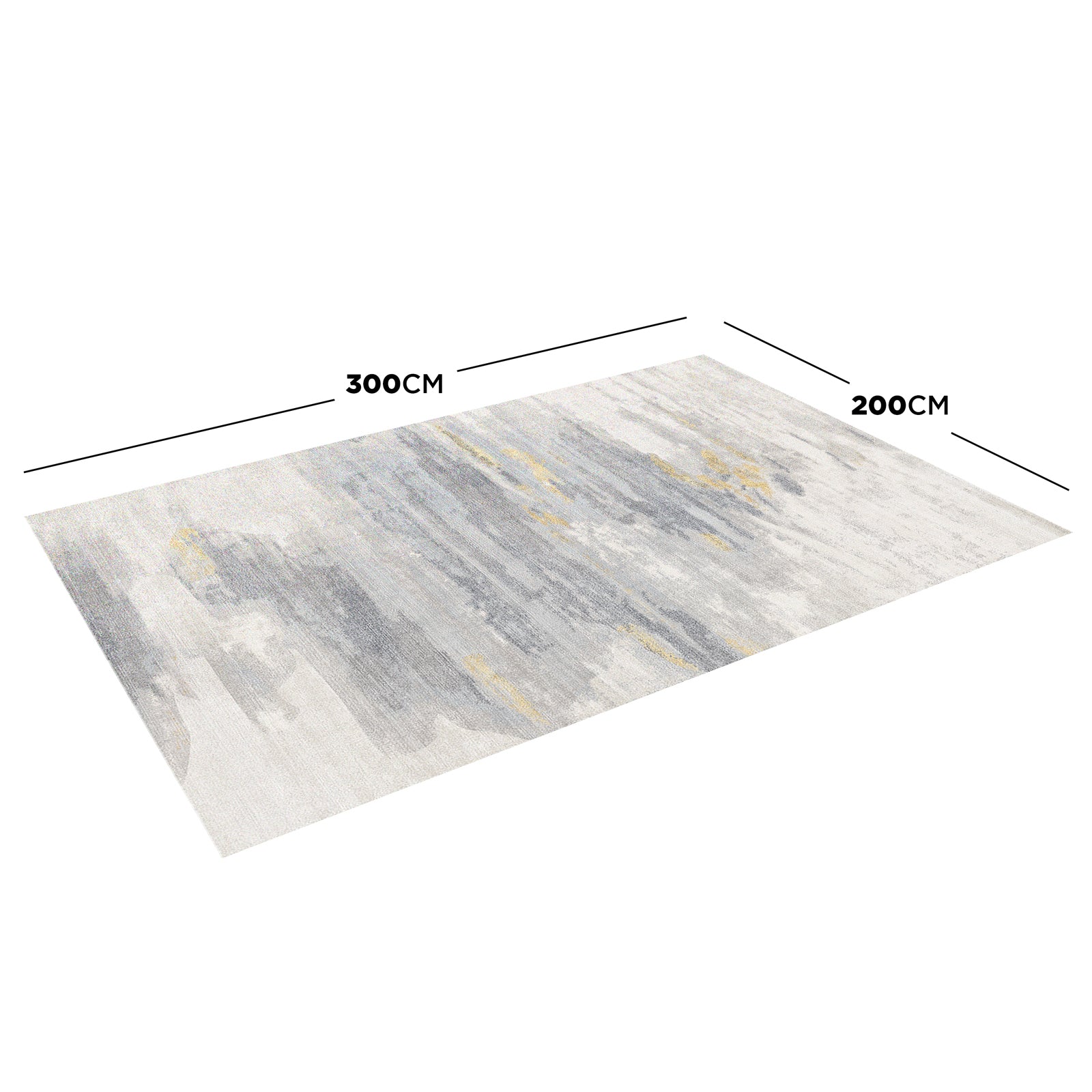 Getbo 200x300cm Large Modern Indoor Floor Rug featuring an abstract pattern in muted greys, blues, and gold. Showcased at an angle on a white background, highlighting its dimensions and painterly design.