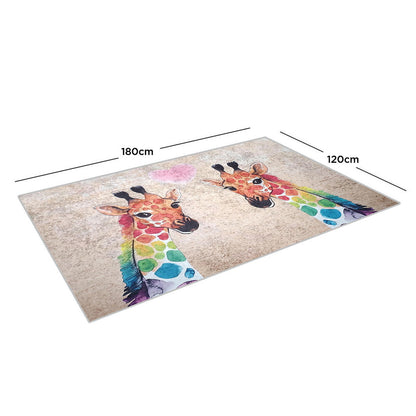 Giraffe 120x180cm Small Kids Printed Indoor Rug featuring two cartoon-style rainbow-colored giraffe heads facing each other with a pink heart between them on a light beige background.
