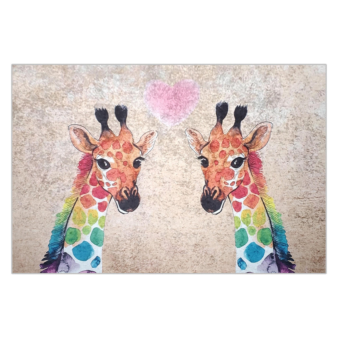 Giraffe 160x230cm Medium Kids Printed Indoor Rug featuring two whimsical, rainbow-spotted giraffes facing each other with a pink heart above them on a textured background, ideal for playful spaces.