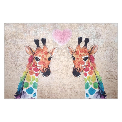 Giraffe 160x230cm Medium Kids Printed Indoor Rug featuring two whimsical, rainbow-spotted giraffes facing each other with a pink heart above them on a textured background, ideal for playful spaces.