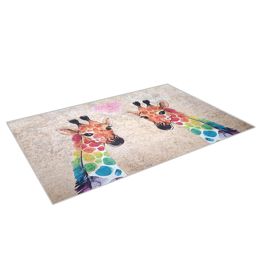Giraffe 160x230cm Medium Kids Printed Indoor Rug featuring two rainbow-spotted giraffe heads facing each other with a pink heart on a mottled beige backdrop, ideal for playful, child-friendly spaces.