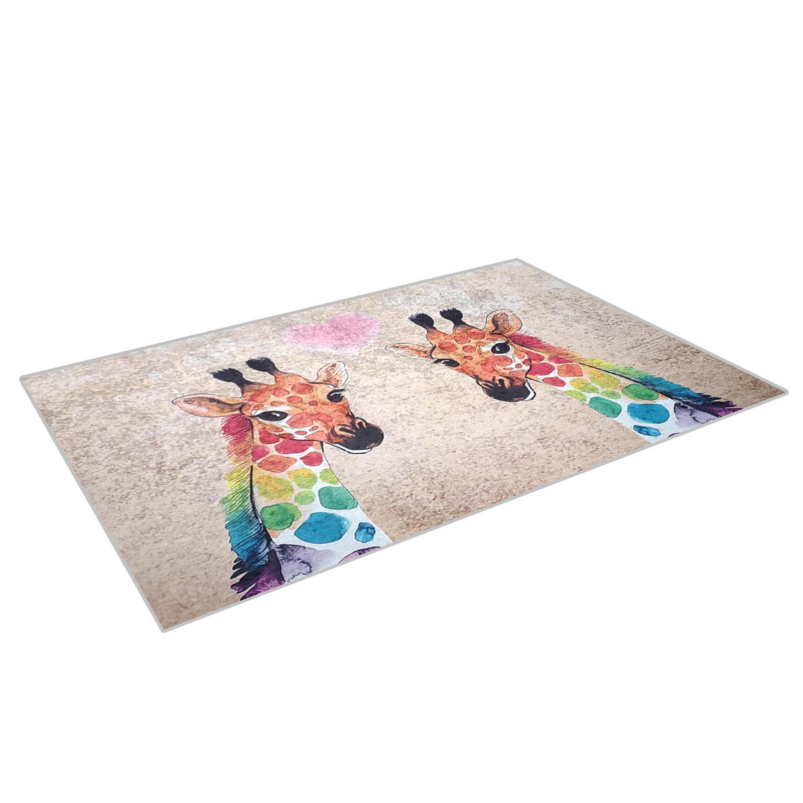Giraffe 160x230cm Medium Kids Printed Indoor Rug featuring two rainbow-spotted giraffe heads facing each other with a pink heart on a mottled beige backdrop, ideal for playful, child-friendly spaces.
