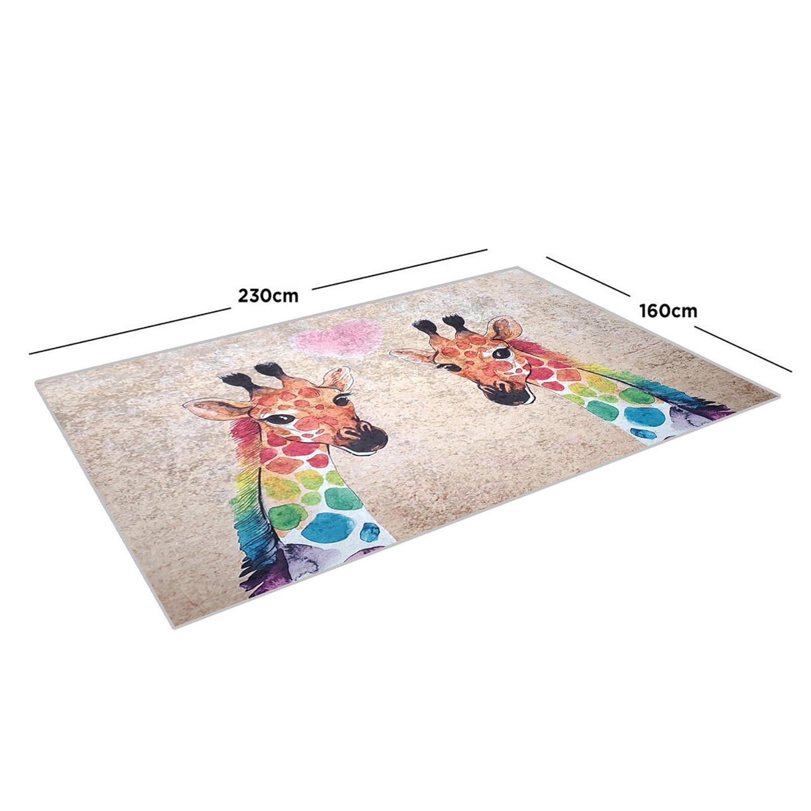 Giraffe 160x230cm Medium Kids Printed Indoor Rug features two rainbow-spotted giraffe heads facing each other with a pink heart above, on a light-toned background.