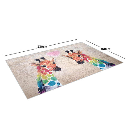 Giraffe 160x230cm Medium Kids Printed Indoor Rug features two rainbow-spotted giraffe heads facing each other with a pink heart above, on a light-toned background.