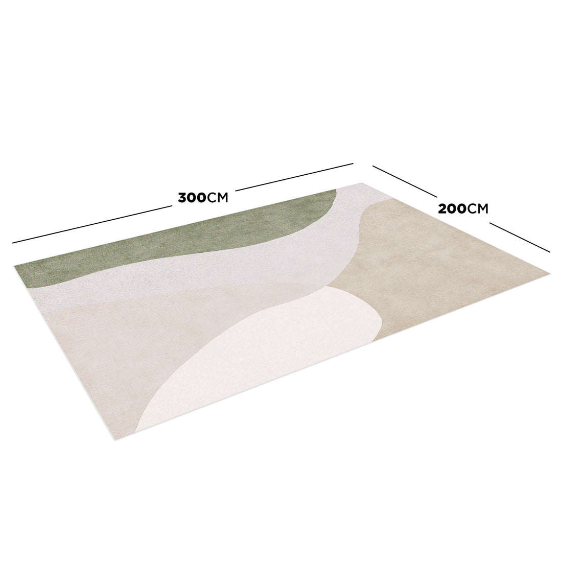 Gonas 200x300cm Large Abstract Indoor Floor Rug features flowing abstract shapes in muted tones, offering a plush texture. The dimensions are clearly indicated at the edges.