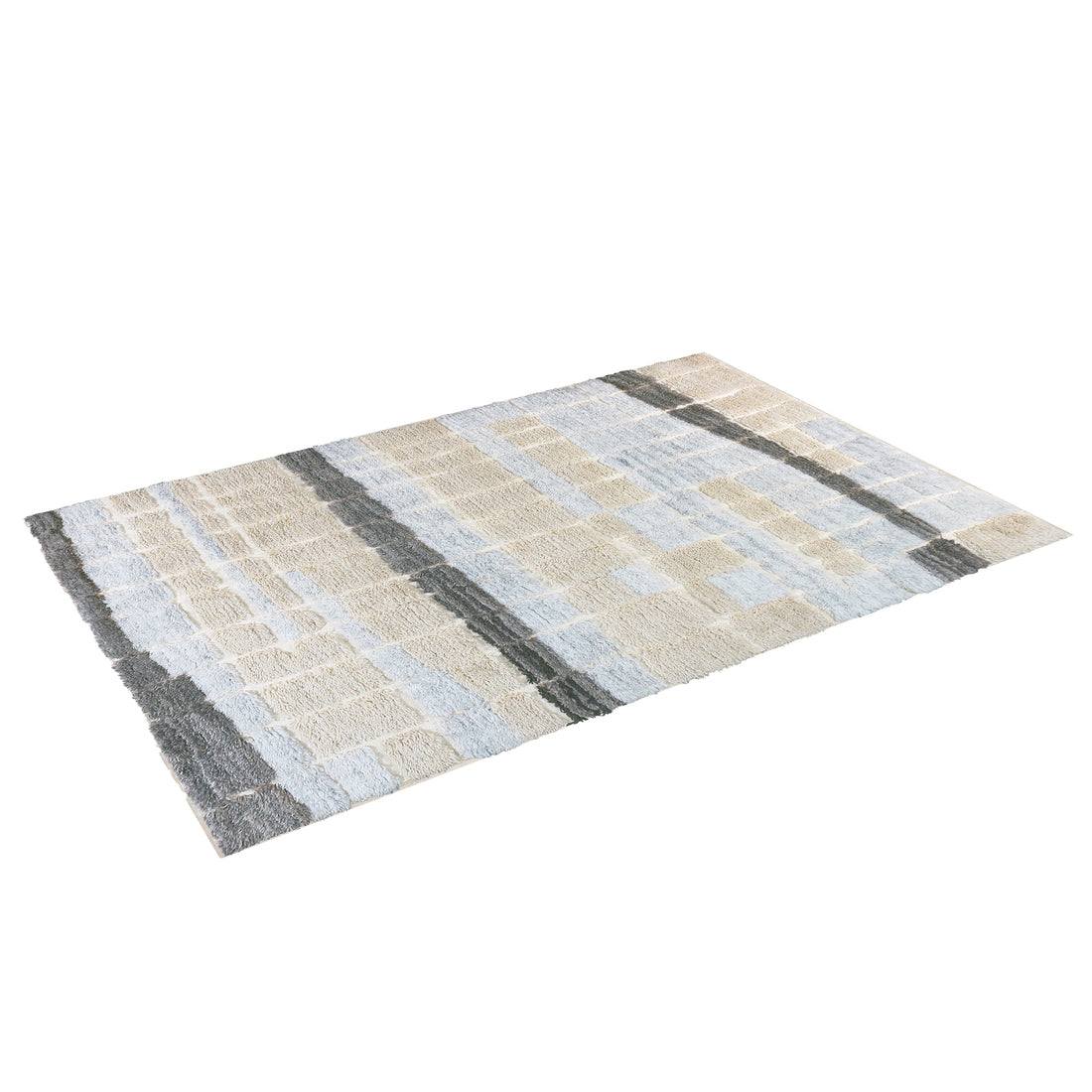 Isaac 160x230cm Abstract Wool Blend Handwoven Shag Rug with shaggy texture and block‐stripe pattern, featuring cream, light blue/gray, and darker gray stripes running lengthwise, laid on a white background.