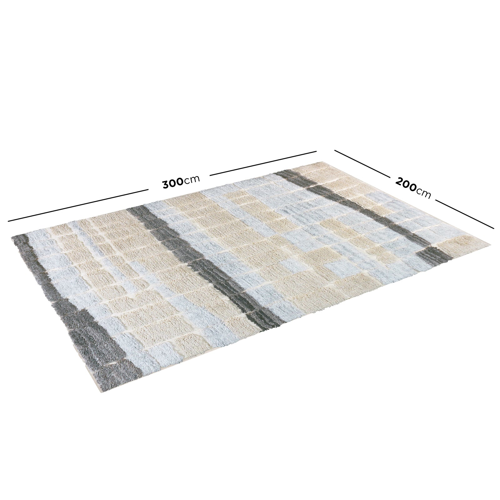 Isaac 200x300cm Abstract Wool Blend Handwoven Shag Rug features a patchwork grid of pale textures, showcasing a shaggier texture, dimension lines, and labels against a white background.