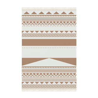 Kaley 160x230cm Woven Cotton Blend Tasseled Indoor Rug features geometric patterns with triangles, zigzags, dotted lines, and fringes, offering a contemporary tribal style for versatile home decor.