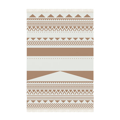 Kaley 200x300cm Woven Cotton Blend Tasseled Indoor Rug features neutral-toned geometric patterns with fringed edges, adding contemporary elegance to any room.