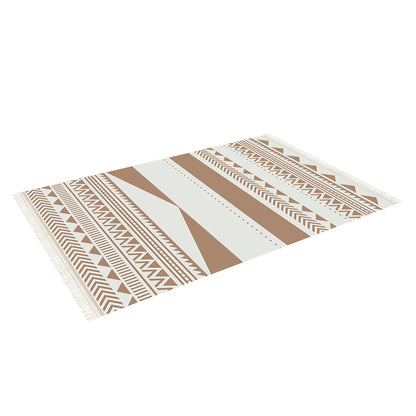 Kaley 200x300cm Woven Cotton Blend Tasseled Indoor Rug featuring alternating white and tan stripes with geometric motifs and short fringe on narrow ends, enhancing contemporary home decor.