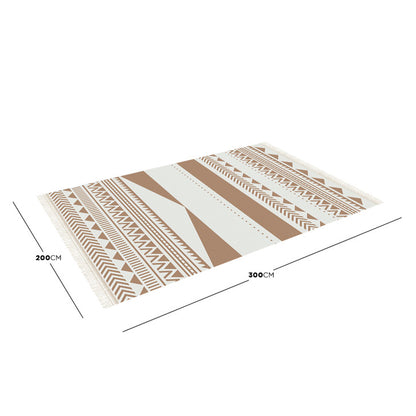 Kaley 200x300cm Woven Cotton Blend Tasseled Indoor Rug features a tribal geometric pattern with cream and light brown bands, arrows, chevrons, zig-zags, and tasseled fringes along two sides.