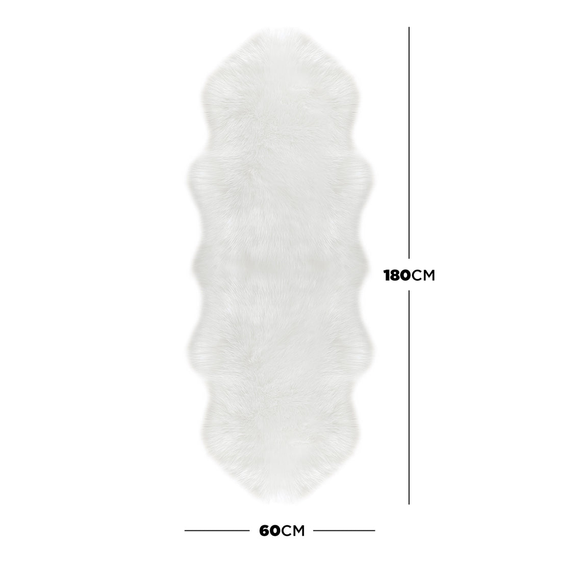 Kalina White Shaggy Fluffy Fur Rug 60x180cm, features a long, plush texture with dimension lines indicating 180 cm by 60 cm, showcasing its luxurious, faux-sheepskin appearance.