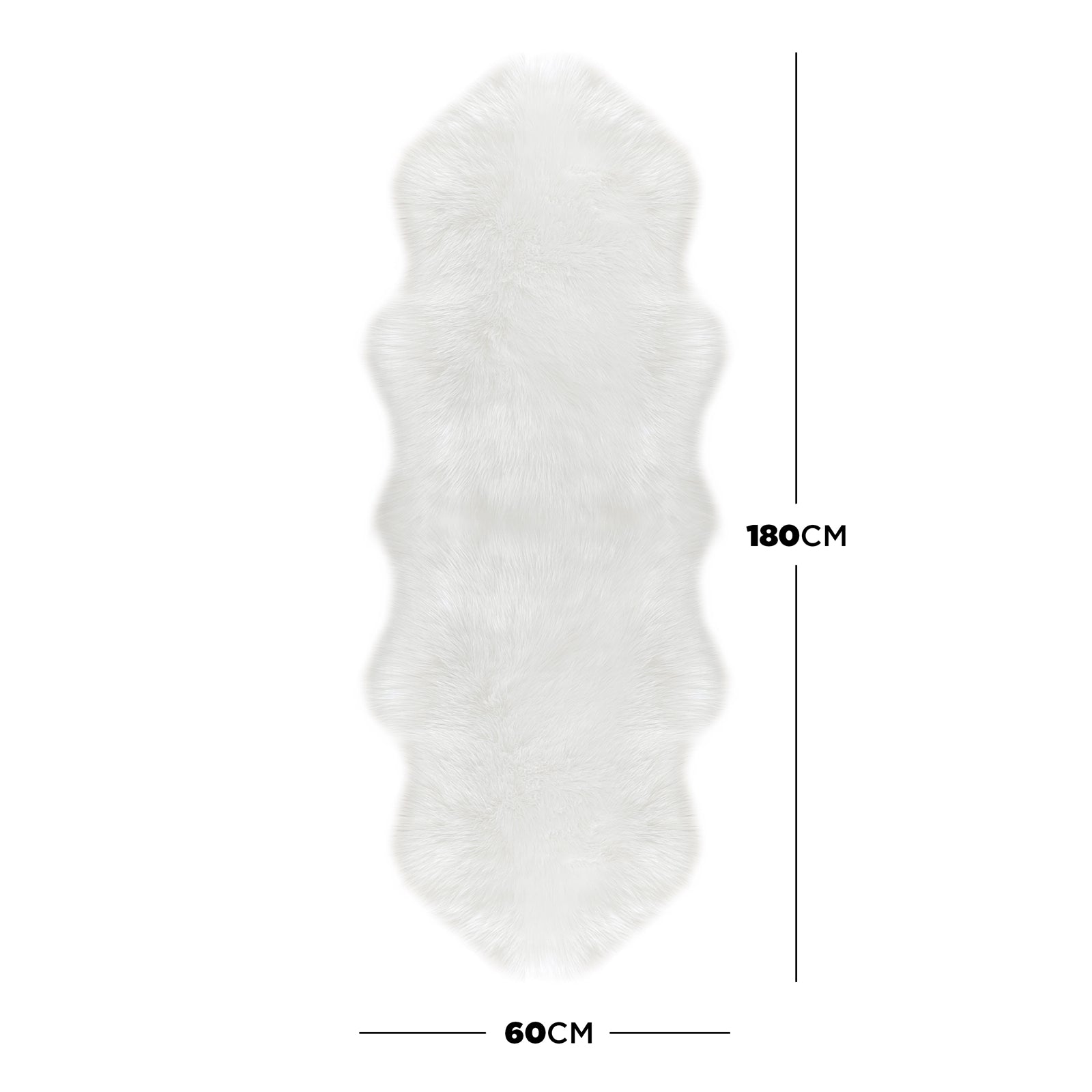 Kalina White Shaggy Fluffy Fur Rug 60x180cm, features a long, plush texture with dimension lines indicating 180 cm by 60 cm, showcasing its luxurious, faux-sheepskin appearance.