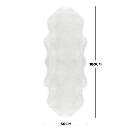 Kalina White Shaggy Fluffy Fur Rug 60x180cm, features a long, plush texture with dimension lines indicating 180 cm by 60 cm, showcasing its luxurious, faux-sheepskin appearance.