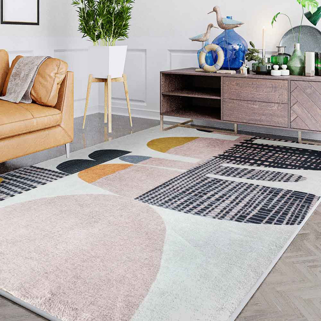 Kangos Contemporary Art Rug 200x300cm displayed in a stylish room setting, showcasing its modern design and neutral hues, adding warmth and texture to the interior space.