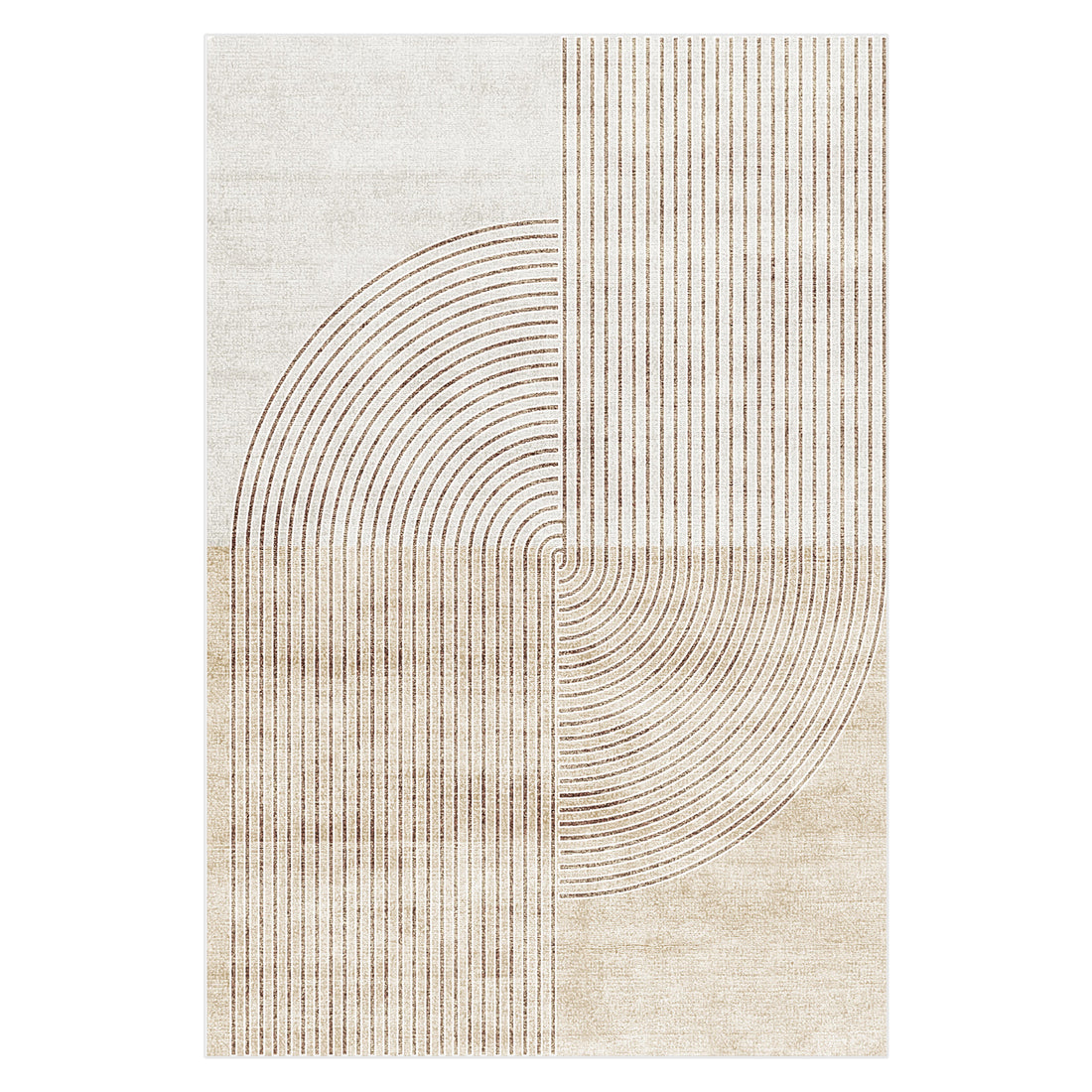 Lunder 160x230cm Modern Abstract Floor Rug features a neutral palette with four quadrants of contrasting patterns, intersected by a large circular motif of thin concentric arcs.