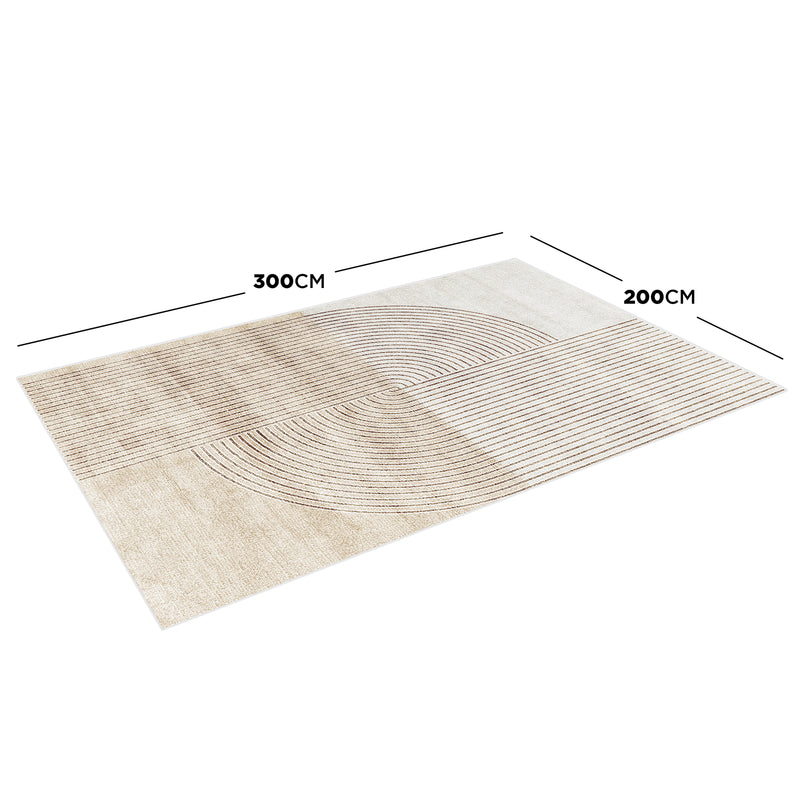 Lunder 200x300cm Modern Abstract Floor Rug features four panels with neutral tones, two solid and two patterned with linear designs, shown with dimension lines for size reference. - Dimensions