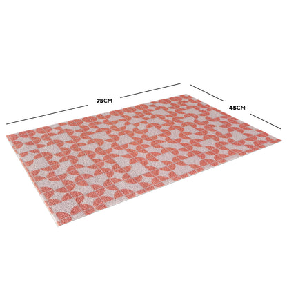 Macy 45x75cm Modern Outdoor Doormat in Light Terracotta, featuring a geometric pattern of orange semi-circles and quarter-circles on a white background, shown with dimensions for size reference.