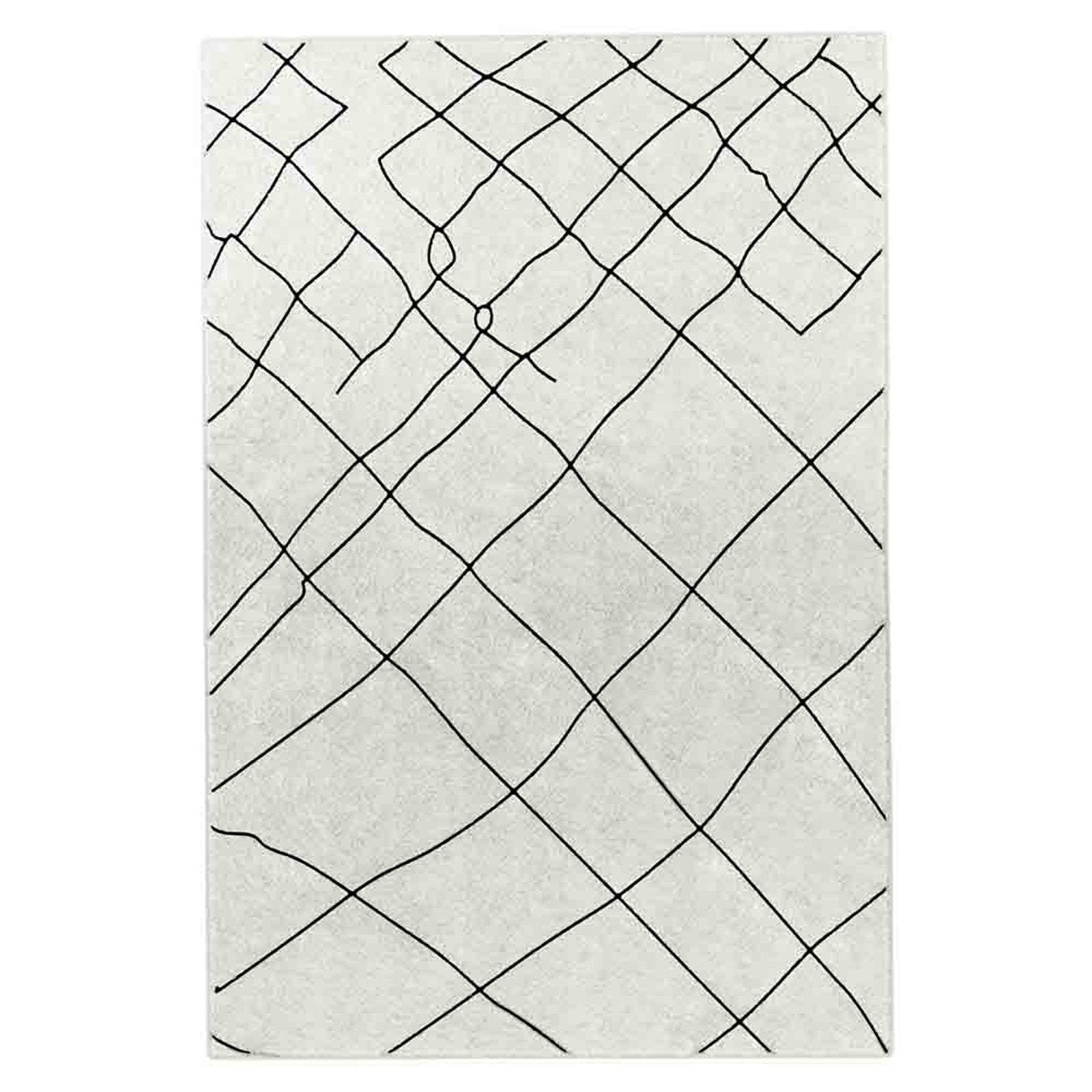 Melody Black & White Modern Rug 160x230cm features black abstract lines on an ivory background, ideal for minimalist spaces, with a soft, durable poly-cotton backing suitable for high-traffic areas.