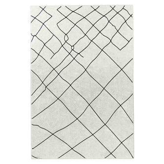 Melody Black and White Modern Floor Rug 200 x 300cm features a pale background with a loose, irregular grid of thin black lines, creating a freehand, net-like pattern for a Scandinavian-inspired look.