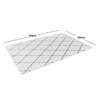 Milani 200x300cm Contemporary Printed Indoor Floor Rug features a light color with thin, dark criss-cross lines forming a diamond pattern, emphasizing its Scandinavian-inspired, minimalistic design and versatile style.