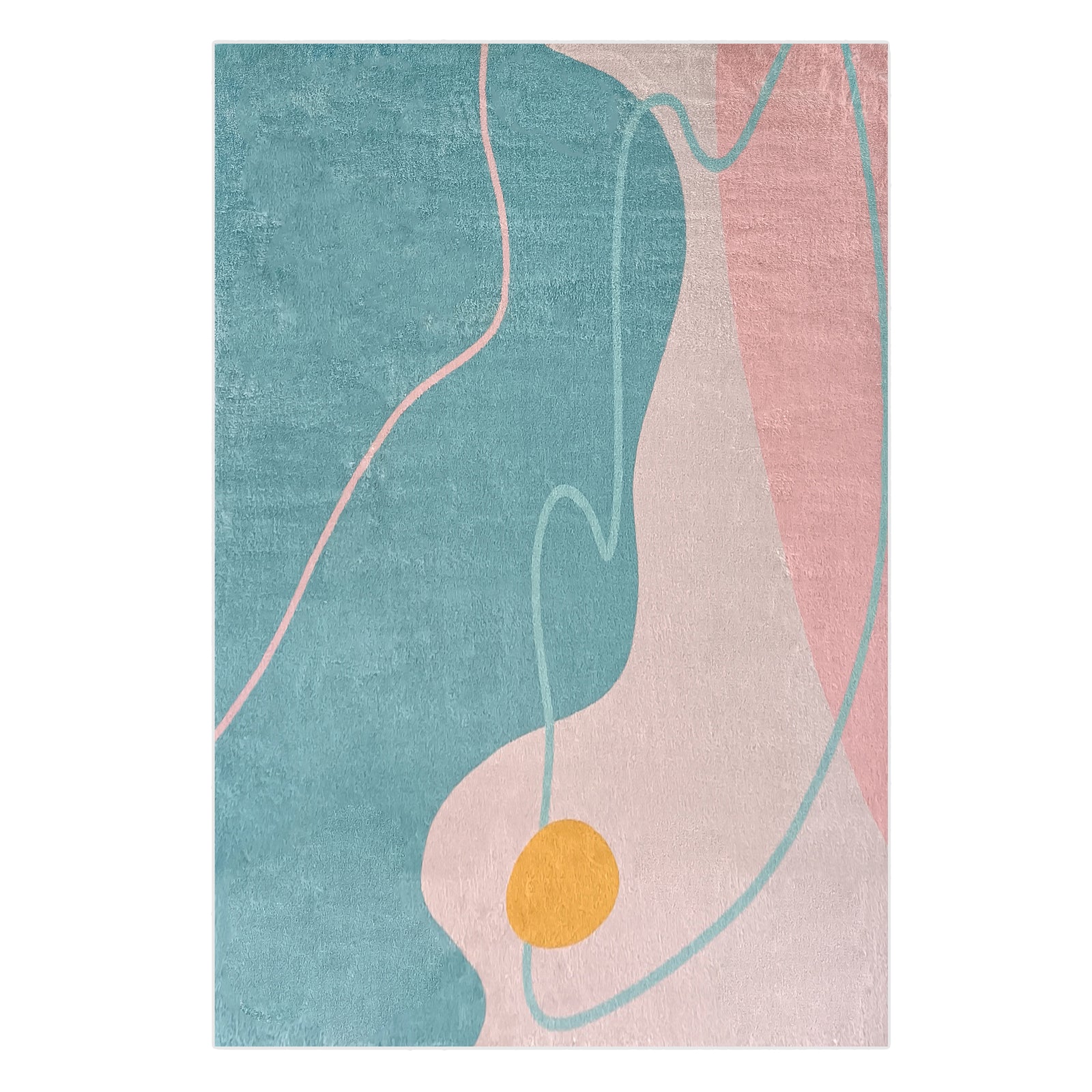 Narsen 120x170cm Kids Modern Abstract Floor Rug featuring broad, organic shapes in teal, blush pink, and beige with curving lines and a mustard-yellow circle, creating a vibrant, cozy vibe.