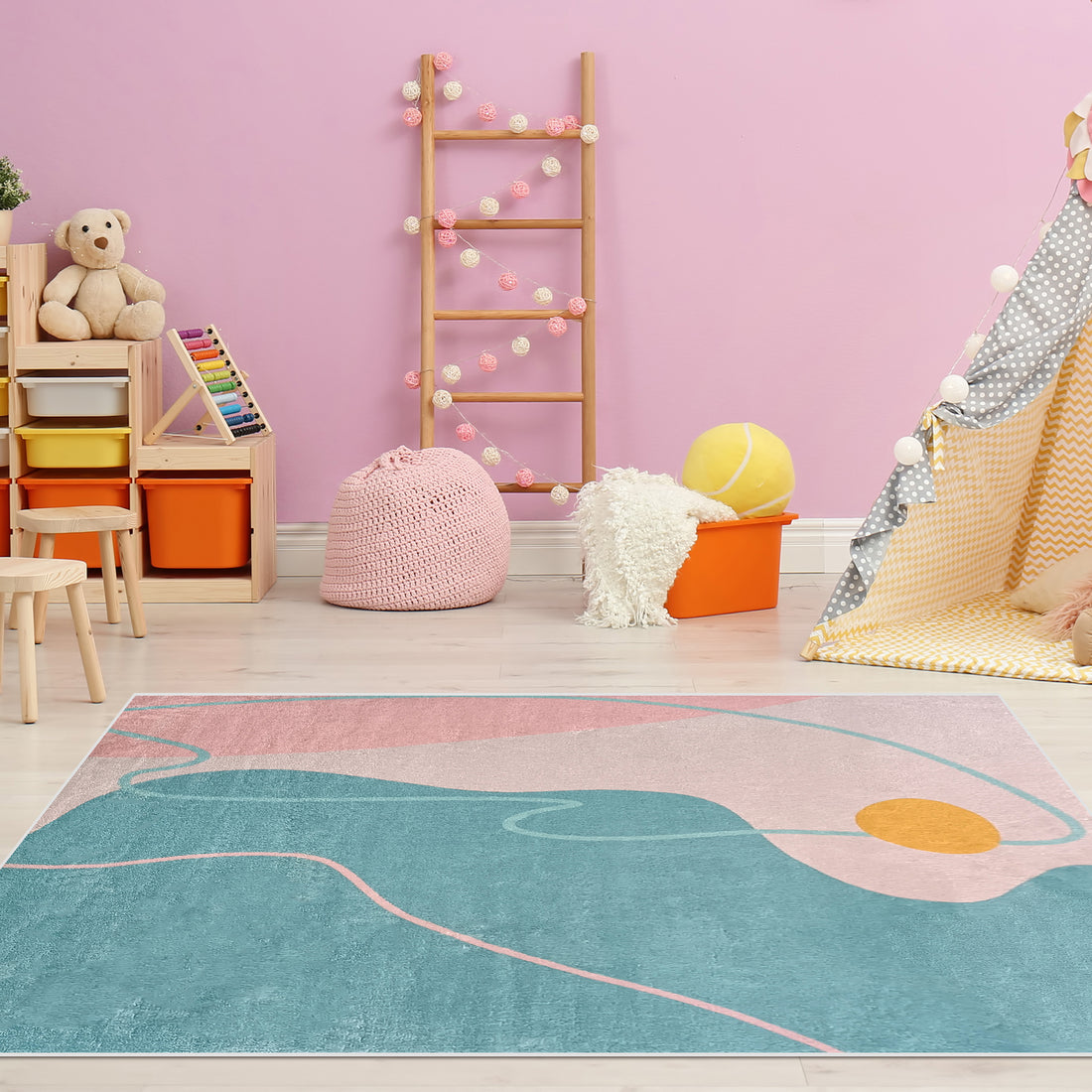 Narsen 120x170cm Kids Modern Abstract Floor Rug displayed in a vibrant play area, featuring squiggly lines and a yellow ball, complementing the cozy setting with stools, a teepee, and decorative lights.