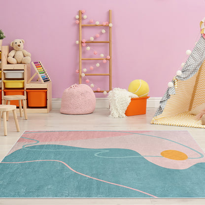 Narsen 120x170cm Kids Modern Abstract Floor Rug displayed in a vibrant play area, featuring squiggly lines and a yellow ball, complementing the cozy setting with stools, a teepee, and decorative lights.