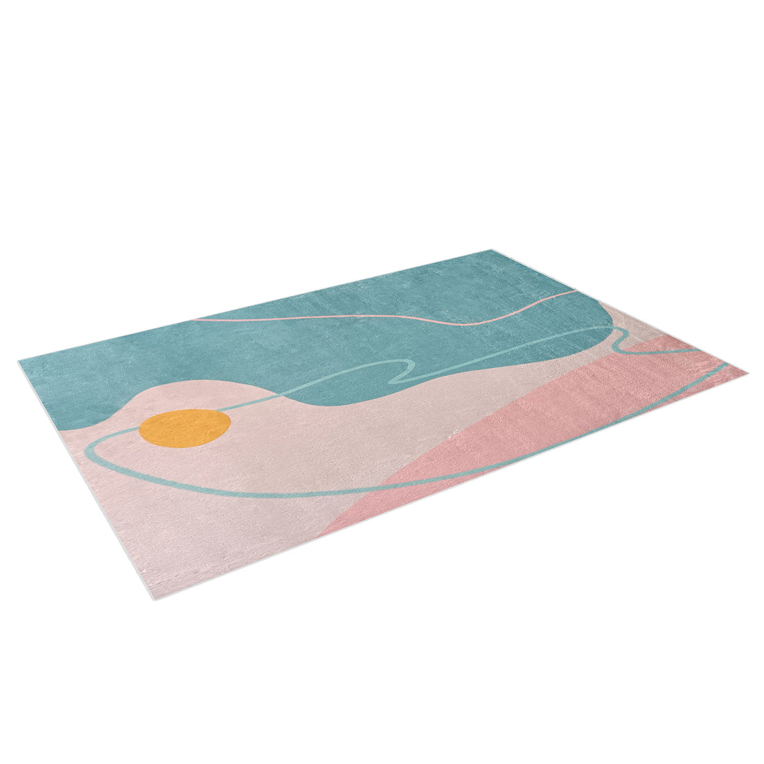 Narsen 120x170cm Kids Modern Abstract Floor Rug featuring a teal-blue field, blush pink and beige bands, a mustard-yellow circle, and teal/pink lines in a cozy, artistic design.