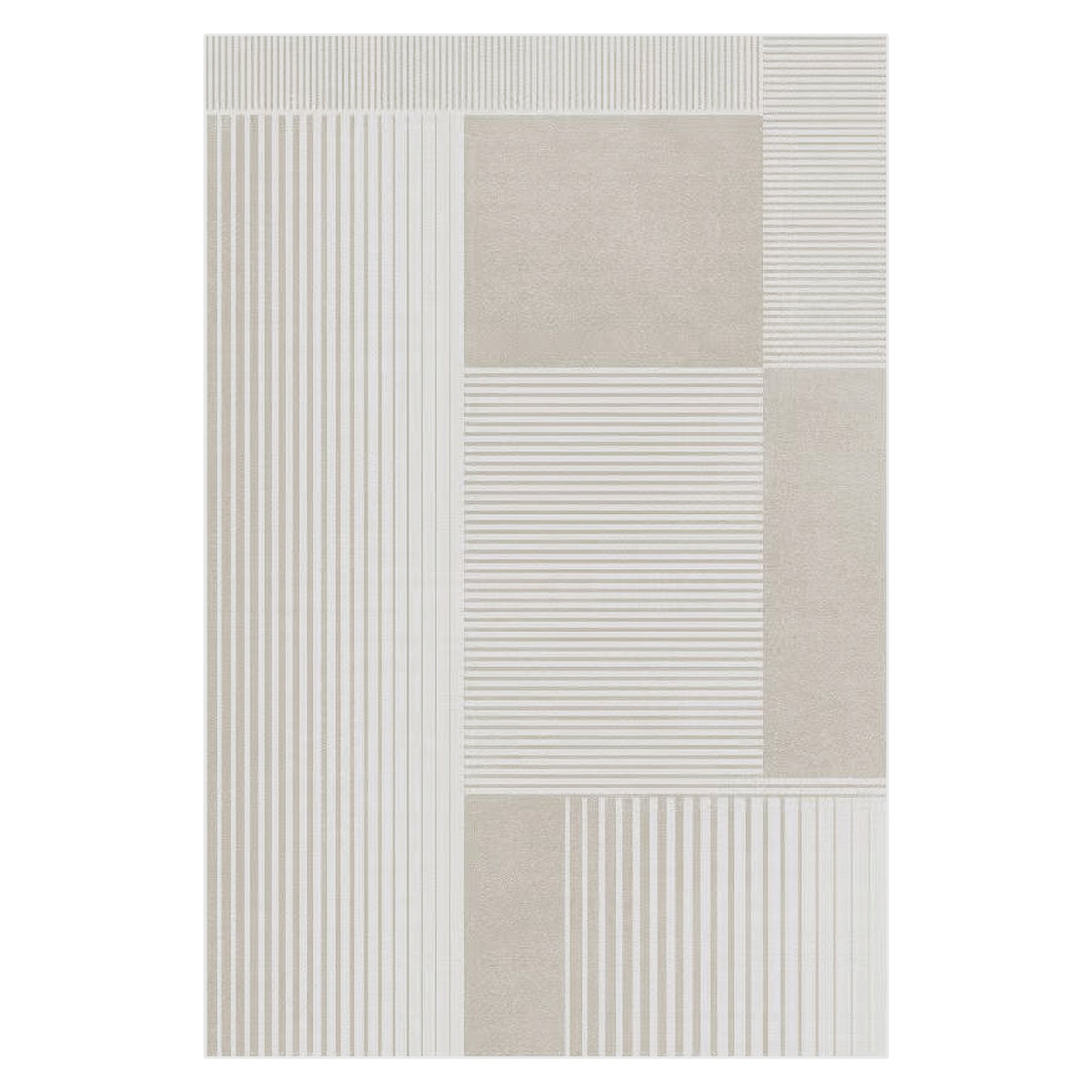 Nicho Modern Abstract Tufted Rug 160x230cm showcasing a geometric patchwork of solid-color and striped panels, in neutral tones, epitomizes contemporary elegance and plush comfort.