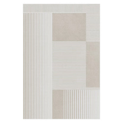 Nicho 200x300cm Polyester Tufted Modern Abstract Indoor Rug features a geometric patchwork design with blocks and stripes, combining solid tones and lines for a contemporary floor covering.
