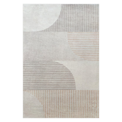 Olivia 120x180cm Polyester Tufted Modern Abstract Indoor Rug featuring a geometric pattern of semi-circles and striped blocks in neutral tones, highlighting its contemporary design and plush texture.