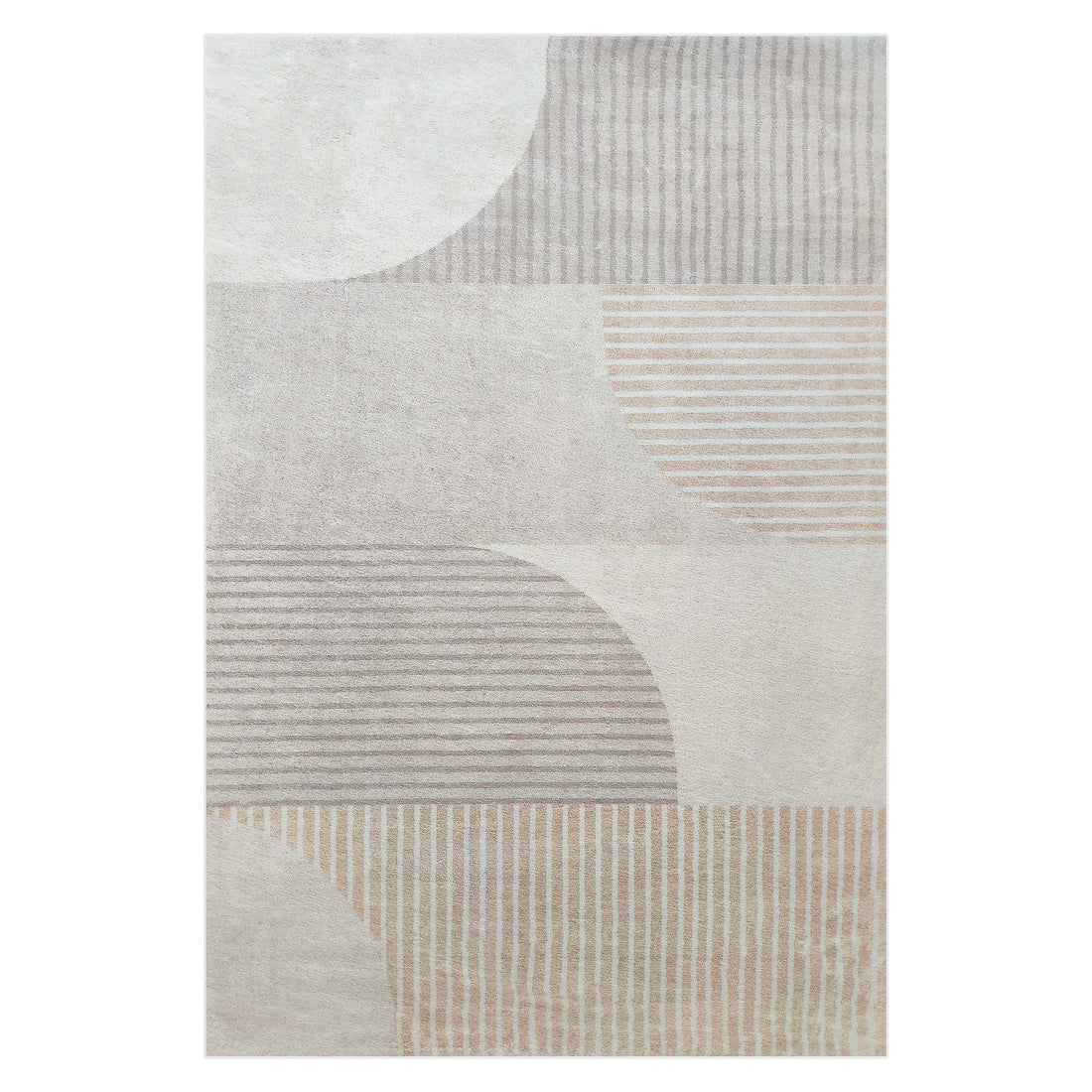Olivia Modern Abstract Tufted Rug 200x300cm features a geometric design with intersecting shapes, semicircles, and stripes in muted neutrals, offering a chic, contemporary look.