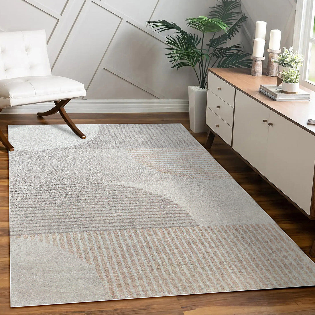 Olivia 200x300cm Polyester Tufted Modern Abstract Indoor Rug on hardwood floor, featuring subtle beige and off-white curves and stripes, enhancing a minimalist interior with a mid-century sideboard and tufted lounge chair.